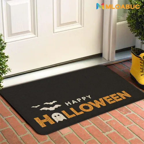 Vista 5 de Mloabuc® Felpudo de Halloween para puerta delantera, fantasma negro, parte trasera de goma antideslizante, diseño de calavera de feliz Halloween