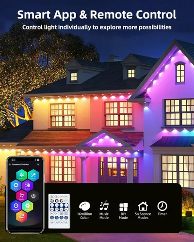 Vista 5 de Luces permanentes para exteriores, 111 pies con 72 luces LED RGBIC con control de aplicación, luces de Navidad permanentes impermeables