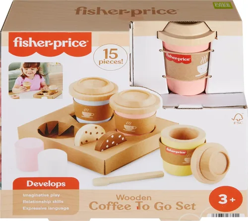 Vista 6 de Fisher-Price Wood Pretend Play Toy Coffee to Go Café Set, juego de 15 piezas de madera con tazas y comida para niños preescolares de 3 años