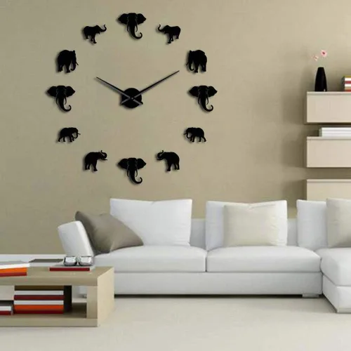 Vista 4 de Reloj de pared, diseño único de elefante con forma de animal, reloj de pared para bricolaje, espejo acrílico, decoración para el hogar