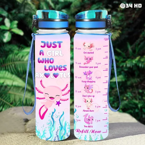 Vista 3 de 34HD Axolotl - Botella de agua de 32 onzas, bonita botella motivacional para mujer, botella de gimnasio con marcador de tiempo, regalo