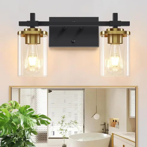 Vista 10 de 2 luces de tocador de baño, accesorios de luz de tocador negro mate sobre espejo, apliques de pared modernos con pantalla de vidrio transparente