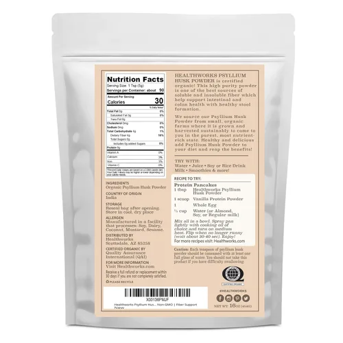 Vista 2 de Healthworks Superfoods Polvo de cáscara de psyllium orgánico 1 lb de fibra soluble Keto Organic, Powder, 1 lb, Soluble Fiber, Digestive Support