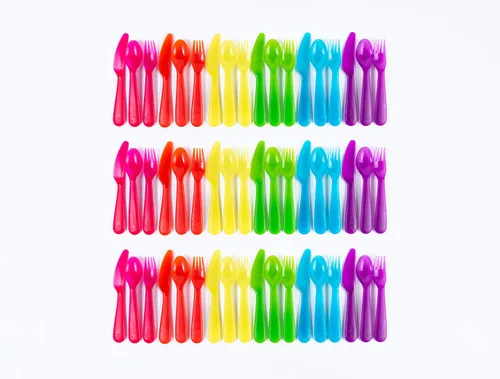 Vista 5 de Juego de 36 cubiertos de plástico multicolor (cucharas, tenedores y cuchillos), reutilizable, sin BPA, apto para lavavajillas y microondas