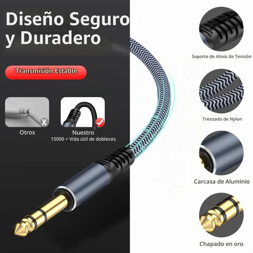 Vista 3 de Cable de guitarra estéreo de 1/4 de pulgada y 10 pies, macho a hembra, extensión de auriculares de un cuarto de pulgada Gris