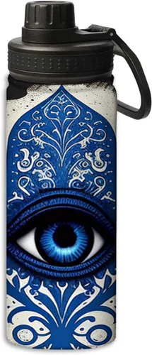 Vista 22 de Botellas de agua aisladas de 18 onzas, con estampado de mal de ojo, botella de agua deportiva aislada de doble pared a prueba de fugas, taza térmica