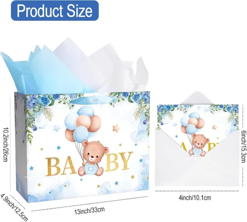 Vista 2 de Plauthus Bolsas de regalo grandes para bebé de 13 pulgadas con papel de seda y tarjeta de felicitación (oso de balón y floral), bolsas de regalo