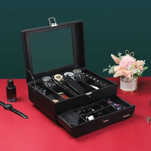 Vista 2 de Homde Caja de reloj con diseño de arco de fibra de carbono, organizador de joyas de lujo con cajón, parte superior de cristal y cerradura