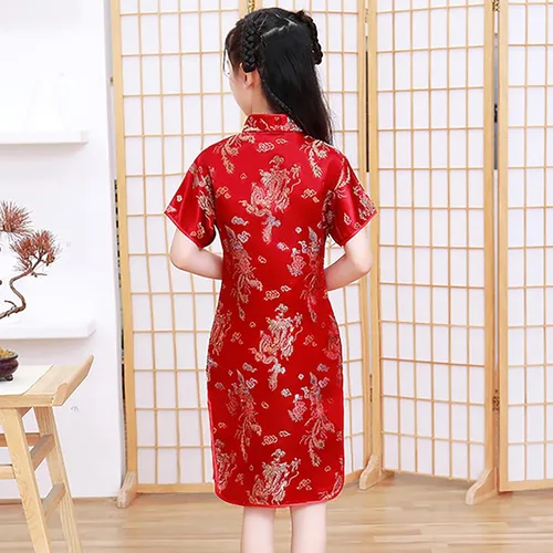 Vista 4 de Qwent Vestido chino de las muchachas de los niños de manga corta levantarse cuello plateado hebilla chino cheongsam vestido chino para las niñas