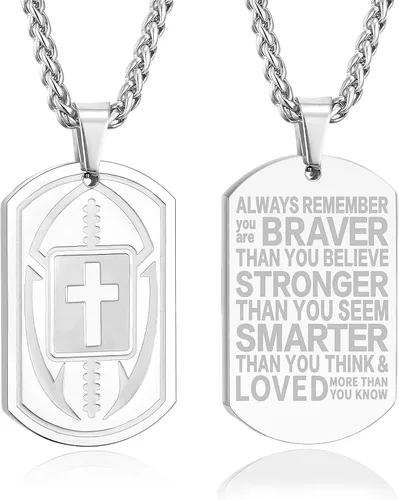 Vista 20 de Collar de cruz de versículo bíblico de fútbol para hombres, regalo religioso de acero inoxidable, joyería deportiva de fútbol, regalos de Pascua