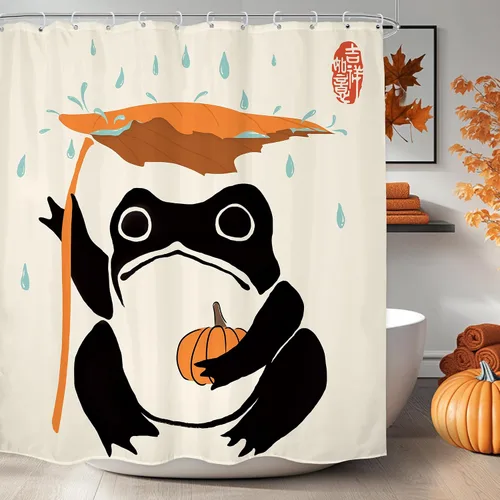 Vista 22 de Juego Divertido de Cortina de Rana Retro para Ducha, Juego de Baño 48x71 Pulgadas, Estilo Asiático Lindo, Arte Japonés Tradicional de Pato de Goma