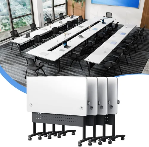 Vista 24 de Mesa de conferencias plegable con ruedas, mesa modular para sala de conferencias con 2 ojales para cables, mesas móviles de sala de reuniones
