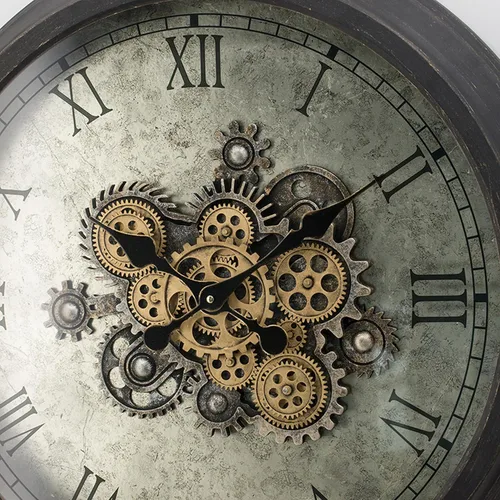 Vista 3 de Benjara - Reloj de pared de 28 pulgadas, diseño redondo de engranaje vintage, acabado marrón oscuro, negro y dorado