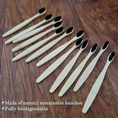 Vista 2 de Cepillo de dientes de bambú natural para blanquear los dientes con cerdas de carbón de bambú (paquete de 12 cepillos de dientes) Biodegradable