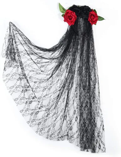 Vista 2 de WIOR Diadema del Día de los Muertos con velo y flores de rosa, diadema mexicana para fiesta de disfraces de Halloween (rojo y negro)