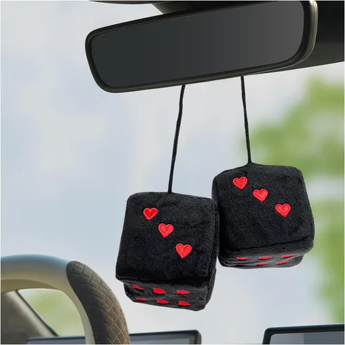 Vista 7 de 1 par de dados de felpa mullidos para espejo de automóvil, dados cuadrados retro de 3 pulgadas con forma de corazón, adorno colgante de dados retro