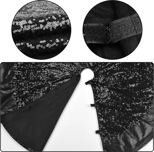 Vista 5 de Falda negra para árbol de Navidad de Halloween de 48 pulgadas, falda de árbol grande con purpurina para árbol de 7.5 pies, falda de árbol
