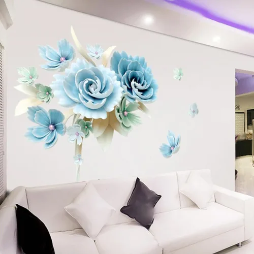 Vista 4 de Calcomanías de pared con diseño floral azul, para despegar y pegar, calcomanías de pared extraíbles para dormitorio, sala de estar, hogar, sofá