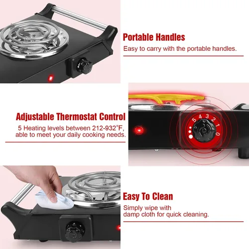 Vista 7 de Placa caliente de 2000 W, estufa eléctrica portátil para encimera, quemadores de bobina doble con control de temperatura de 5 niveles y asas que se