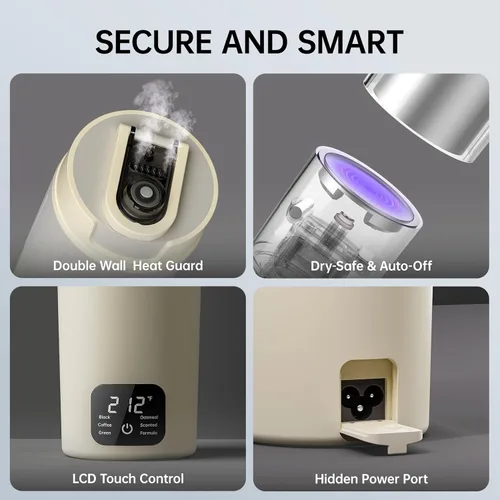 Vista 5 de Hervidor eléctrico portátil de doble voltaje, agua caliente de viaje para té, café, 6 controles de temperatura y pantalla LCD, acero inoxidable 304