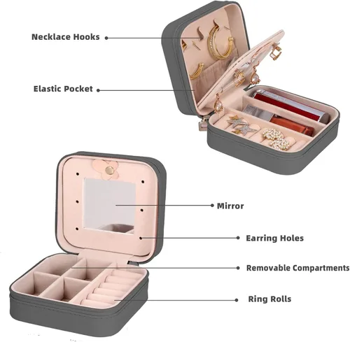 Vista 5 de Joyero de viaje con espejo, mini organizador portátil para anillos, aretes, collares, regalos para niñas y mujeres