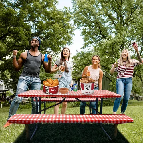 Vista 8 de Protector en las esquinas contra rasgaduras, 6 pies, mantel de vinilo ajustable para picnic con fundas de banco, impermeable, PEVA, juego de 3
