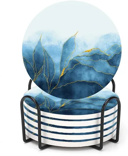 Vista 8 de LOKMU Posavasos para bebidas, juego de 6 posavasos redondos de cerámica absorbente con soporte de metal, posavasos de arte abstracto negro y gris