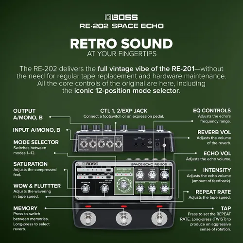 Vista 4 de BOSS RE-202 Space Echo Pedal de Efectos de Eco de Cinta, Delay y Reverberación Recreación Moderna del Legendario Roland RE-201 Space Echo