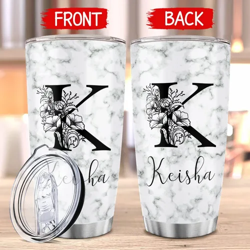 Vista 6 de Vaso de café de acero inoxidable personalizado con inicial y nombre, taza de café con monograma floral para niña, vaso de viaje de acero inoxidable