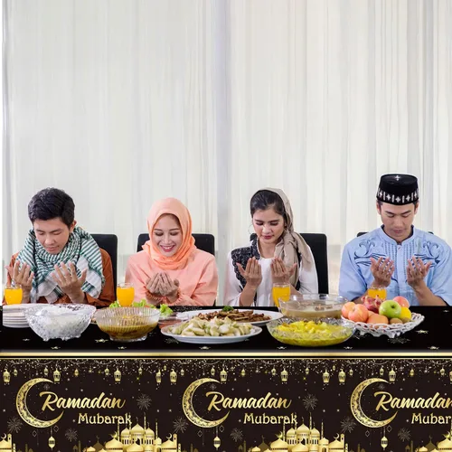 Vista 5 de 1 Manteles Ramadán Mubarak Eid Mubarak Decoraciones de Mesa Ramadán Kareem Suministros de Fiesta Negro y Dorado Cubierta de Mesa Rectangular