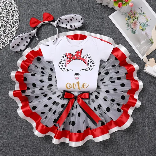 Vista 2 de IBTOM CASTLE Disfraz de perro dálmata para el primer cumpleaños de las niñas, mameluco con estampado de patas, falda tutú, orejas de perro, princesa