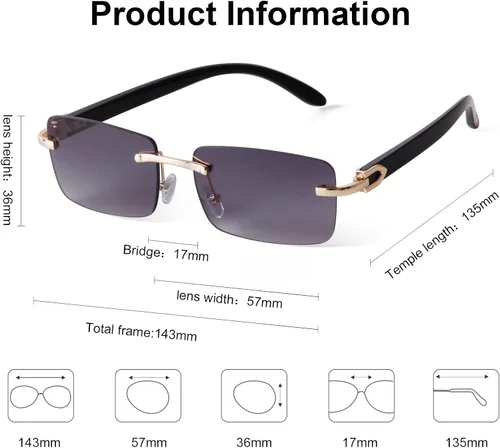 Vista 6 de Laurinny Lentes de sol rectangulares de metal dorado con lente tintada, patillas de madera de los años 90, gafas retro para mujeres y hombres