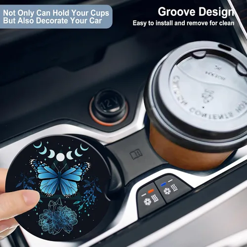 Vista 3 de Posavasos para Taza de Automóvil Mariposa Signo Místico Abstracto Azul Posavasos de Automóvil para Portavasos Universal Antideslizante Cerámica
