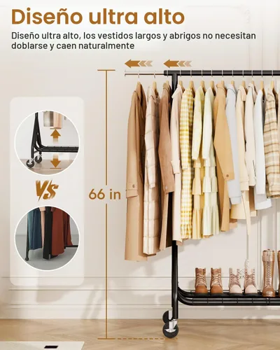 Vista 3 de Perchero de Ropa Resistente, Perchero de Ropa de Metal con Capacidad de 450 Libras, Percheros Rodantes para Colgar Ropa con Ruedas Bloqueables Negro