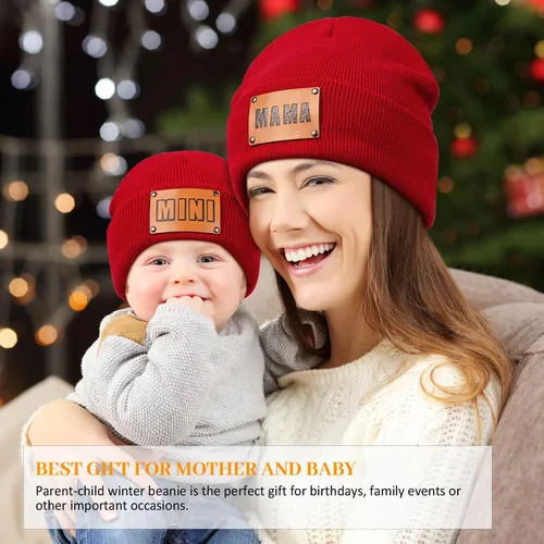 Vista 2 de Gorro para padres e hijos,Madre y bebé hija/hijo gorro de punto cálido de invierno,Gorro suave para niños