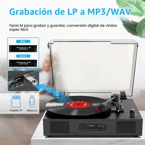 Vista 3 de Tocadiscos de discos de vinilo con altavoces estéreo integrados, tocadiscos vintage de 3 velocidades para discos de vinilo, grabación USB SD