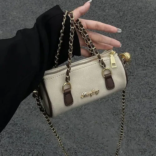 Vista 5 de Bolso cilíndrico de cadena vintage, bolso de mano suave de ante para mujer, bolso de mensajero para grupo pequeño con sentido avanzado, Beige