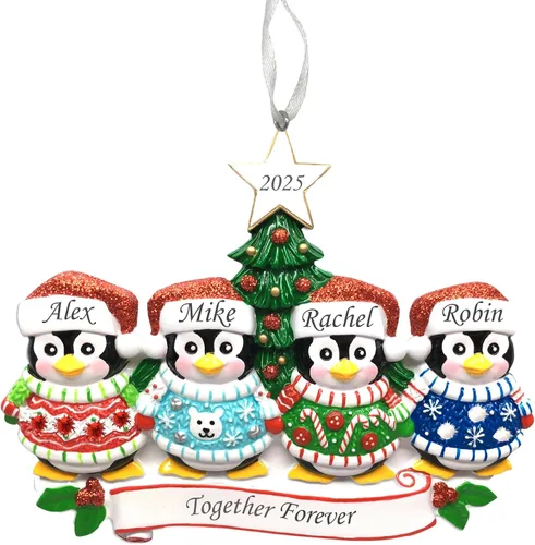 Vista 7 de Adorno de Navidad familiar 2025 – Adorno personalizado para familias – Adorno familiar de pingüinos personalizado – Decoración para árbol de Familia