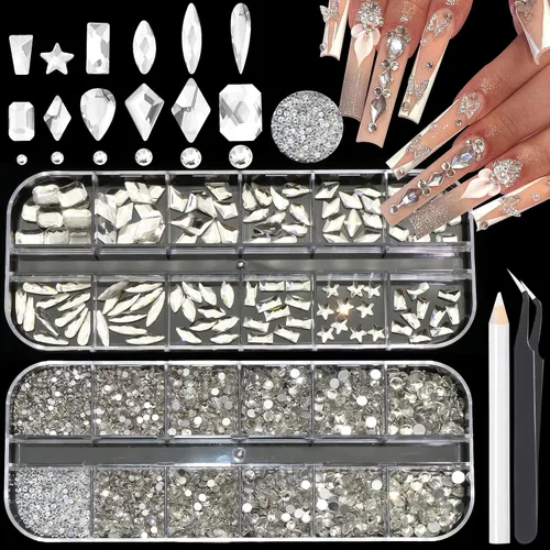Vista 9 de 3520 diamantes de imitación de uñas color dorado champán para uñas, multiformas con parte trasera plana, diamantes de imitación redondos