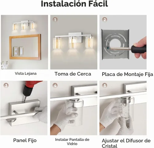 Vista 6 de Lámparas de baño modernas LED sobre espejo, 3 luces de tocador de níquel cepillado con 5 modos de color, lámpara de tocador de baño regulable