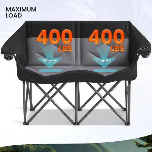 Vista 3 de Silla plegable doble de camping para 2 personas, resistente y de gran tamaño, soporta 800 libras con portavasos y bolsillo lateral para campamento