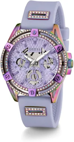Vista 2 de GUESS Reloj para mujer de 1.57 pulgadas, correa morada, esfera lavanda, caja iridiscente, Púrpura