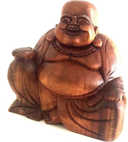 Vista 2 de OMA Happy Sitting Buddha - Estatua de madera tallada en madera, marca de tamaño grande