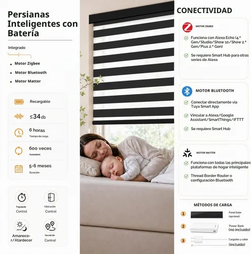 Vista 5 de ACMEART Persianas Cebra Motorizadas con Control Remoto, Control por APP y Funciona con Alexa/Google/Matter, Persianas de Ventana 100% Opacas Negro