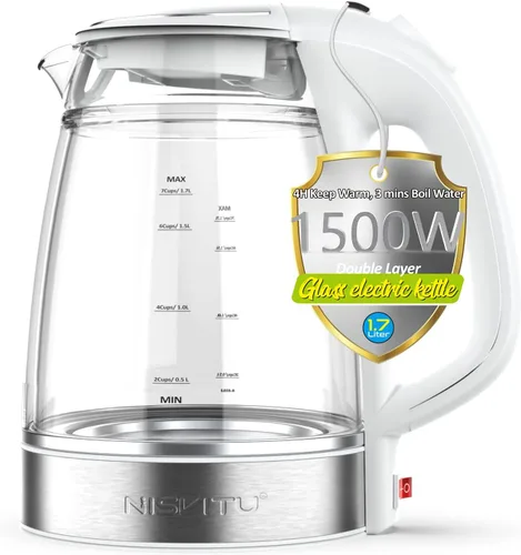 Vista 9 de NISVITU Hervidor eléctrico inalámbrico de vidrio y acero inoxidable para hervir agua, hervidor de agua caliente Hervidor eléctrico de té con apagado