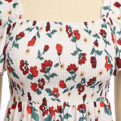 Vista 7 de Vestidos para mamá e hija, sin mangas, tirantes delgados, a cuadros, floral, a la rodilla, para playa, bohemio, para mamá, hija, trajes a juego