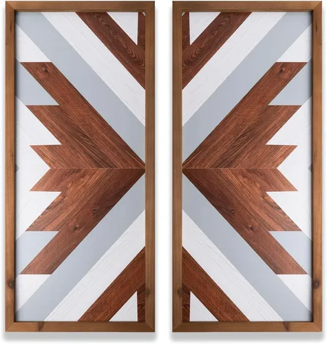 Vista 11 de 2 piezas de decoración de pared azteca con marco de madera, arte de pared occidental de madera de 20.9 x 9.8 pulgadas, decoración rústica del hogar