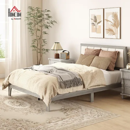 Vista 3 de HOMCOM - Base de cama de tamaño matrimonial, cabecera tapizada, listones de madera, color gris Marco de cama de plataforma, no necesita somier
