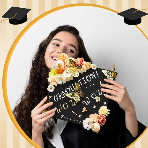 Vista 5 de Hanaive Kit de decoración de 76 piezas de birrete de graduación, incluye flores sintéticas 3D mariposa alfabeto letras calcomanías para graduación