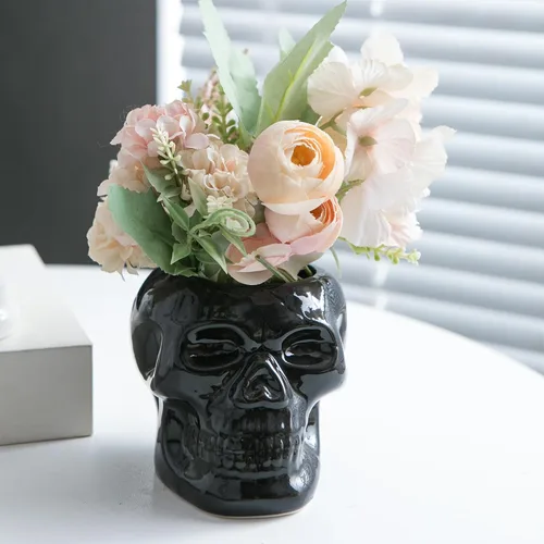 Vista 4 de Tanvecle - Macetas de calavera (2 unidades), jarrón gótico de esqueleto para Halloween Ceramic planter for succulent, flowers, centerpiece table